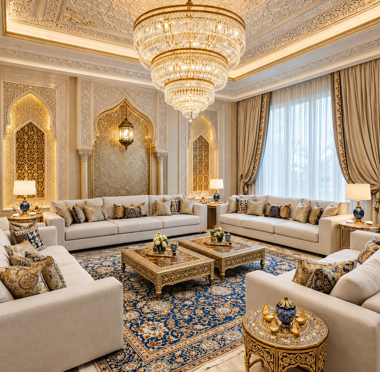 Luxurious majlis interior with a patterned rug and gold furnishings