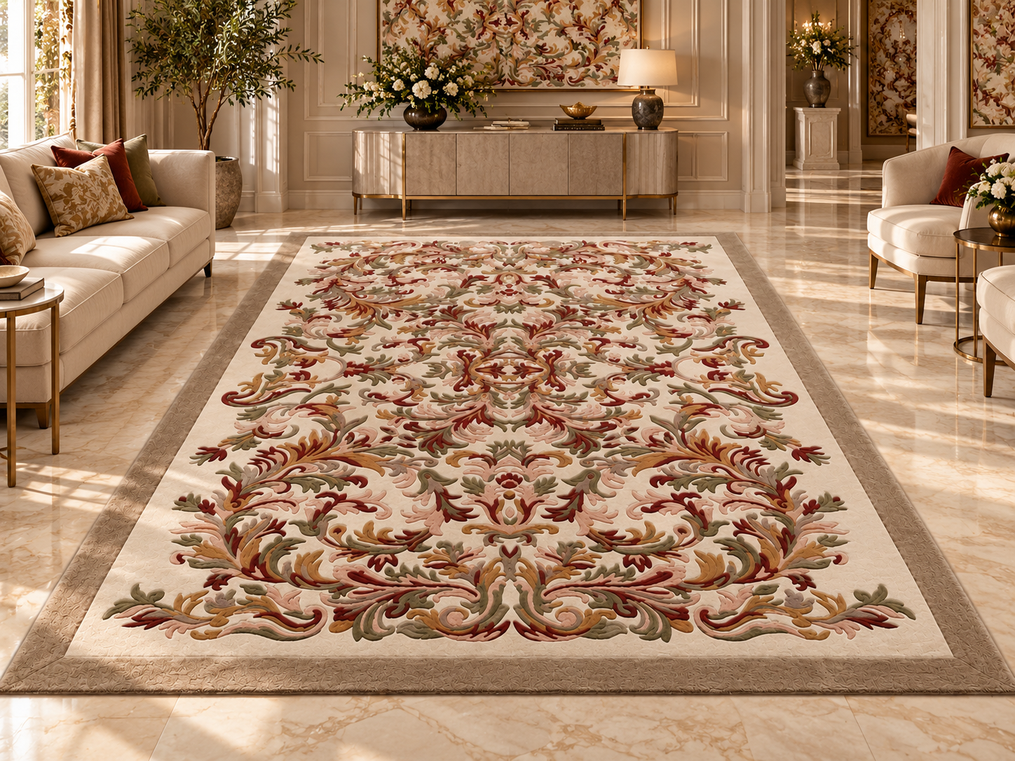 Finished rug with a traditional medallion design in soft blue and sand