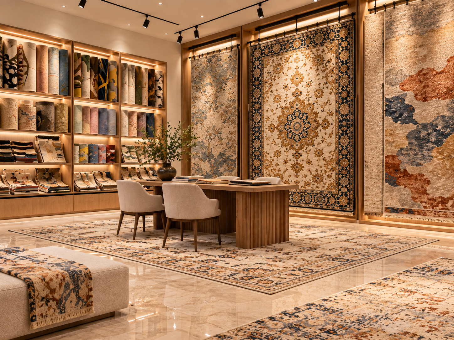 Showroom with hanging rug samples and a displayed rug