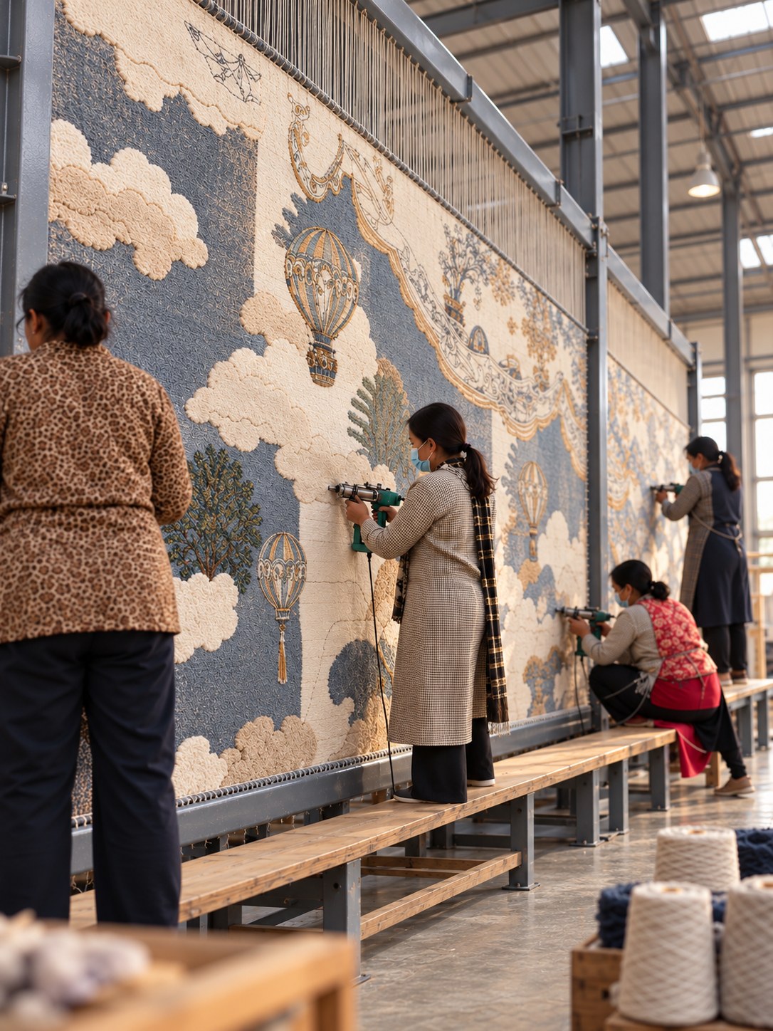 Artisans hand-tufting a large cloud and hot-air balloon carpet on a steel frame in our factory