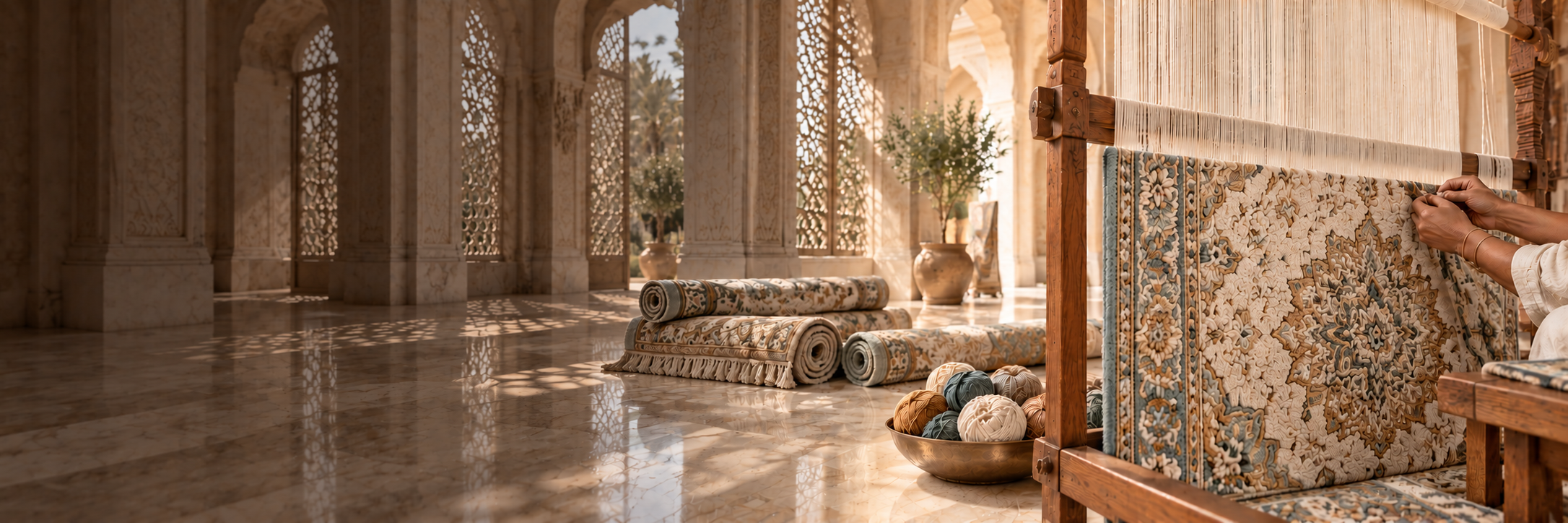 Rolled and layered handmade rugs in warm neutral tones