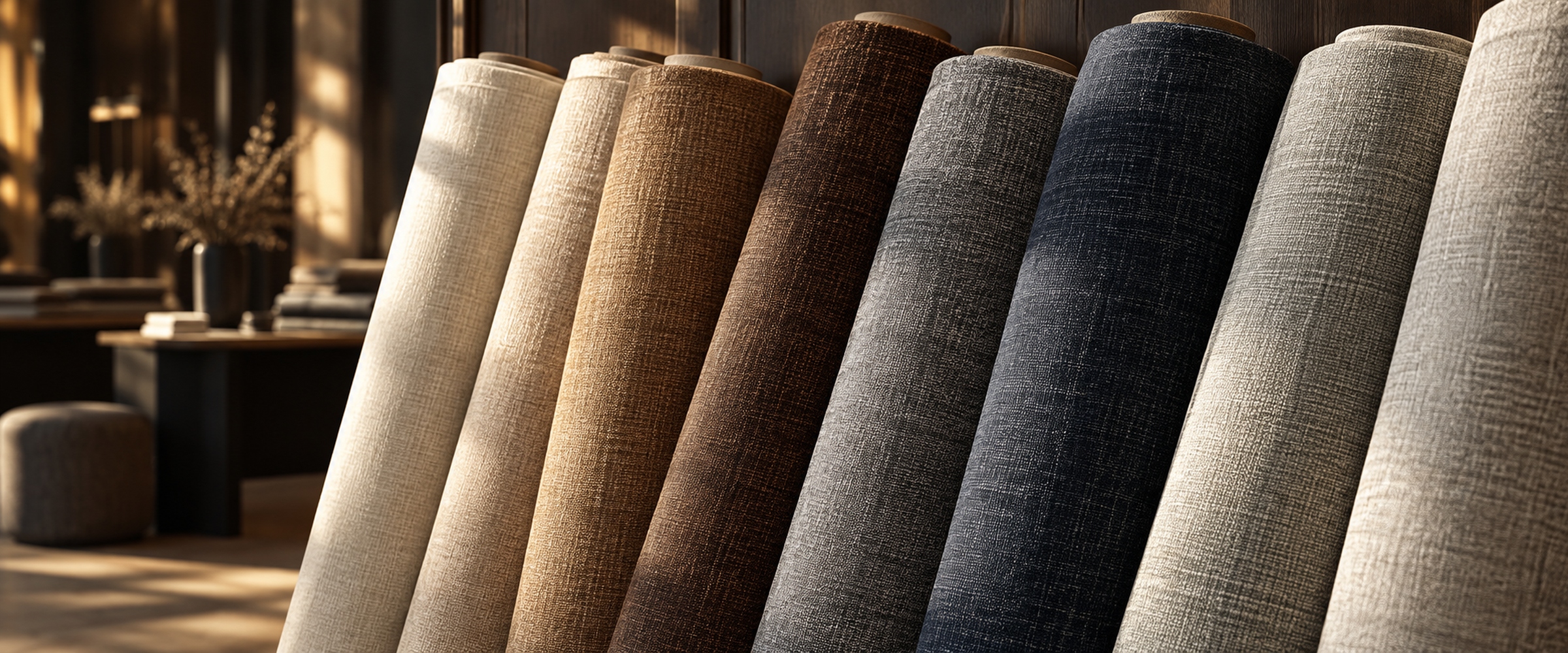 Stacked rolls of upholstery fabric in a warehouse rack