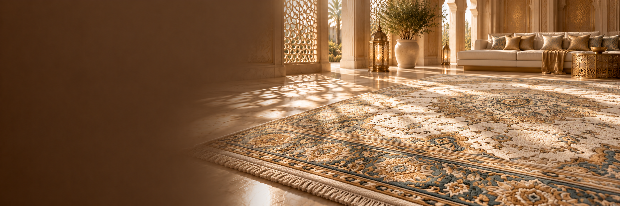 Handmade carpet in a luxurious Middle Eastern majlis with mashrabiya light patterns
