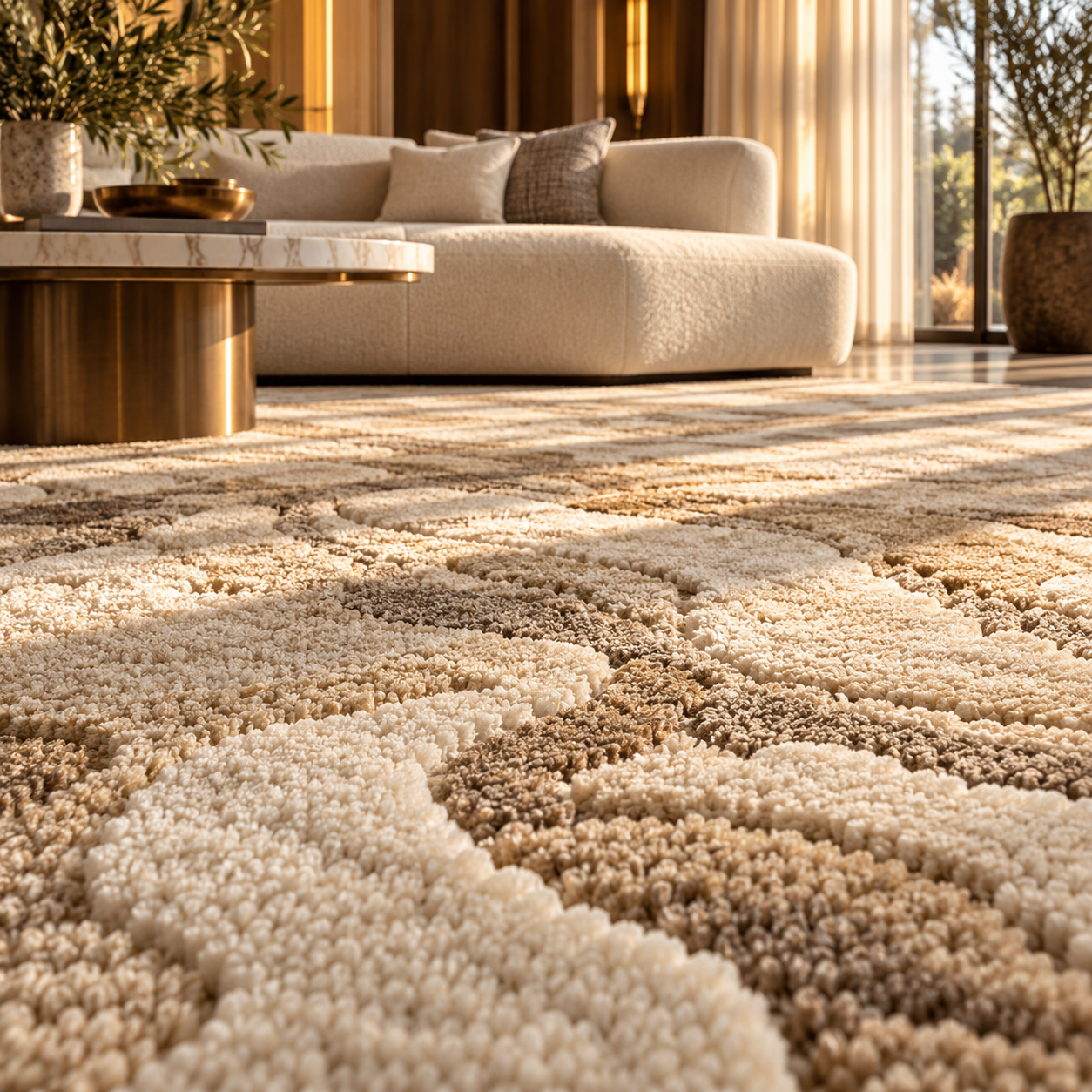 Textured loop-pile carpet running through a warmly lit hotel lobby