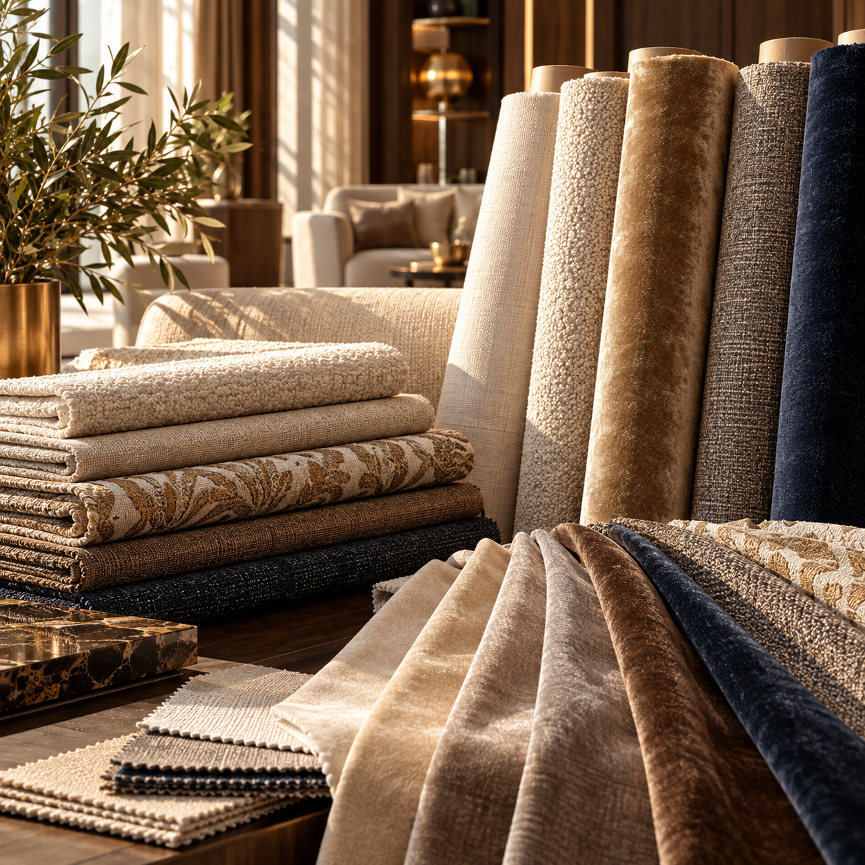 Rolled bolts of upholstery fabric in cream, brown and indigo, seen end-on