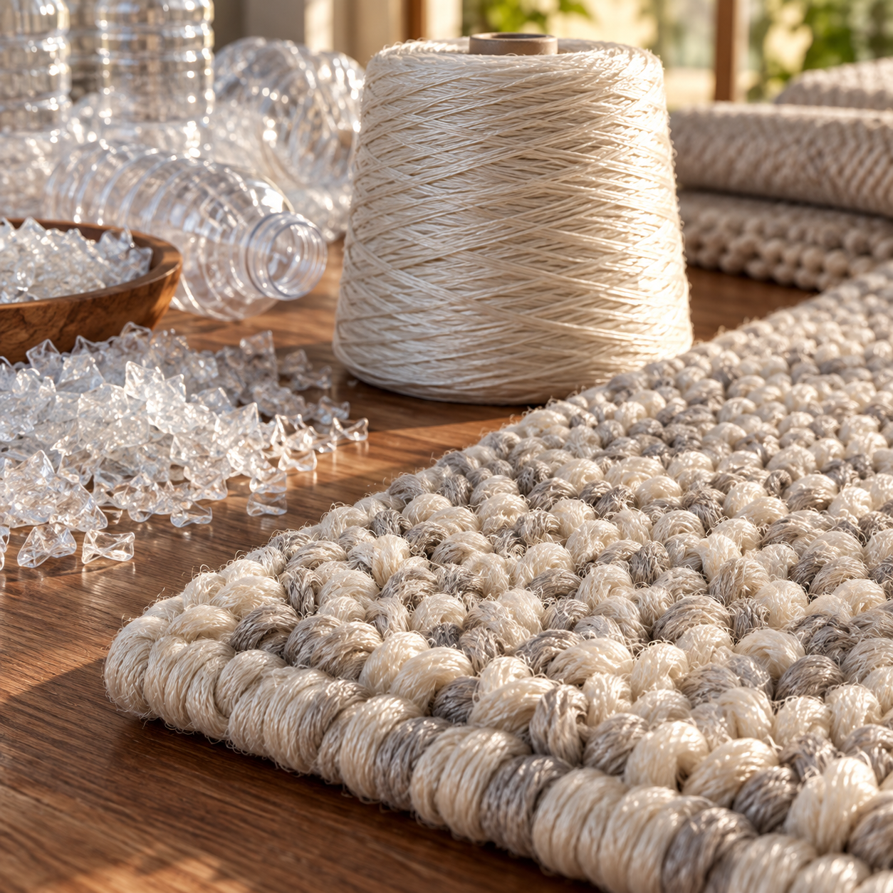 Recycled PET yarn spun from post-consumer bottle flake