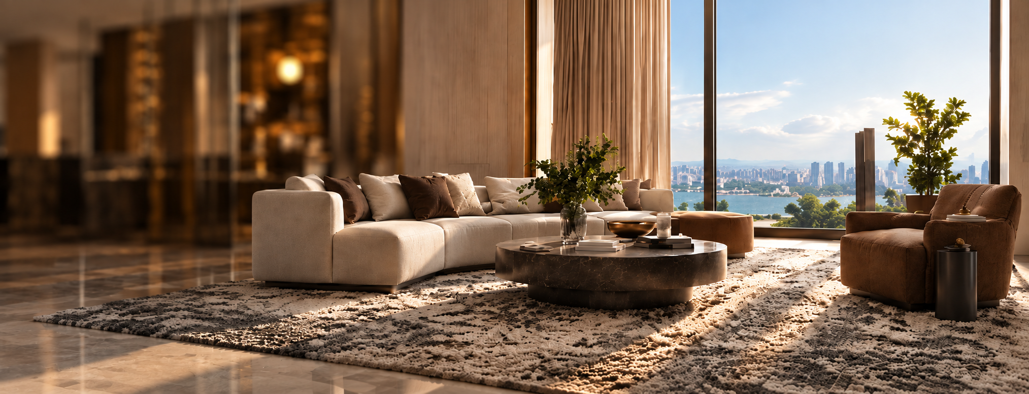 Sunlit living room with a curved cream sofa, stone coffee table and patterned wool carpet, city skyline beyond
