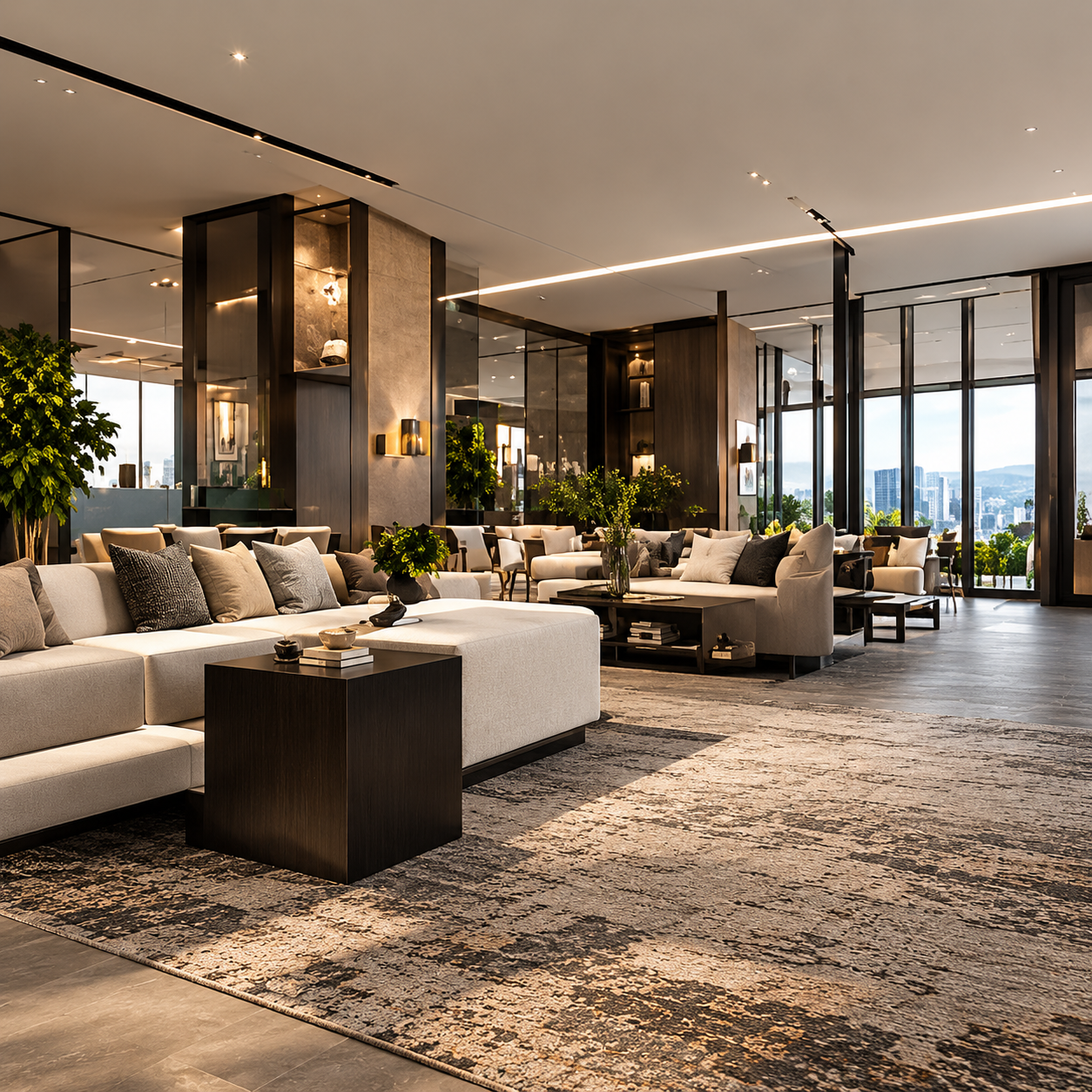 Corporate lounge with modular sofas and floor-to-ceiling glazing