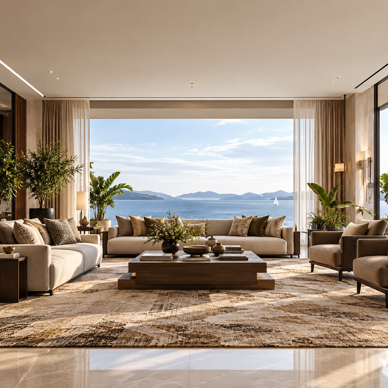 Living room of a private villa with sea view and neutral furnishings