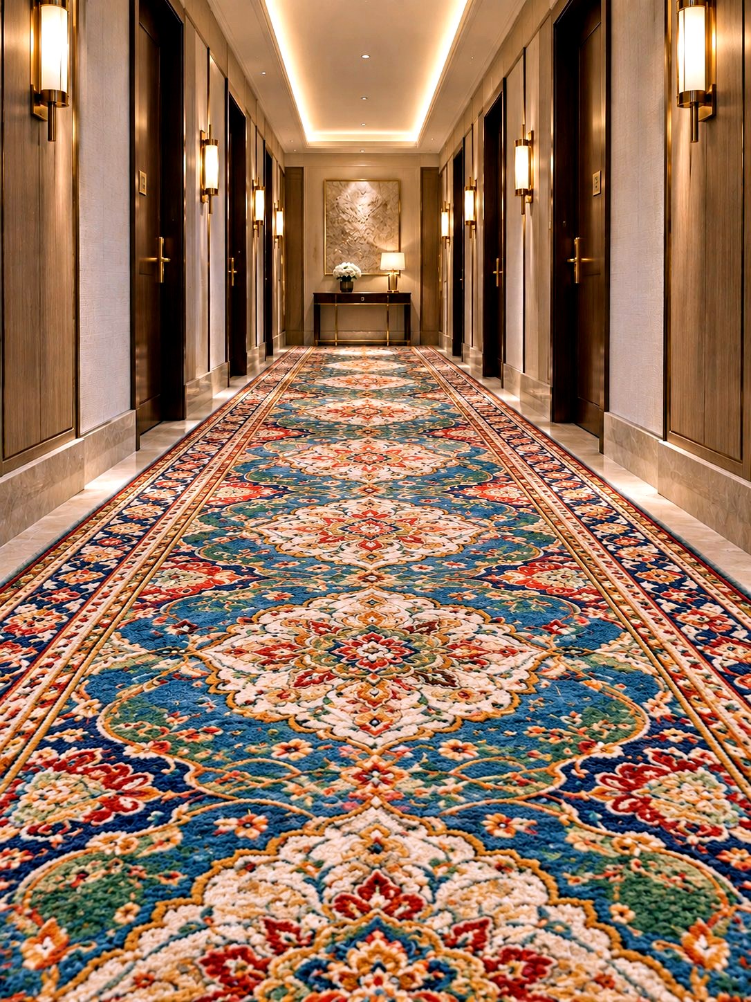 Long hotel corridor with a custom medallion-pattern carpet in blue, red and ivory