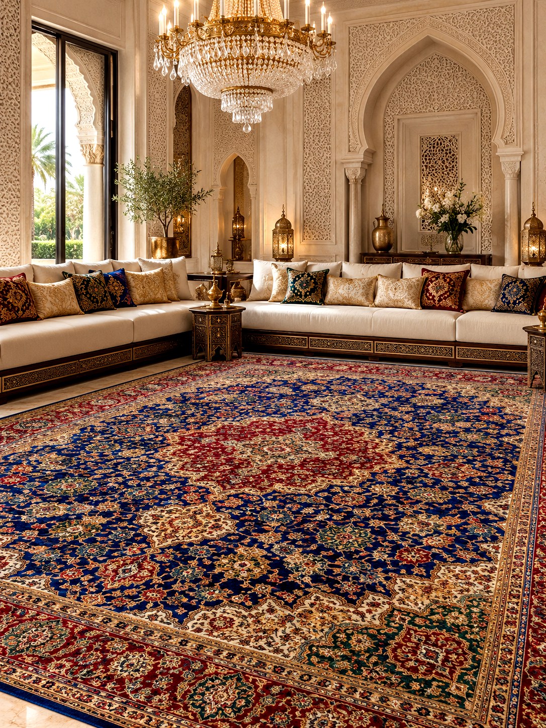 Grand majlis with a blue and gold patterned carpet