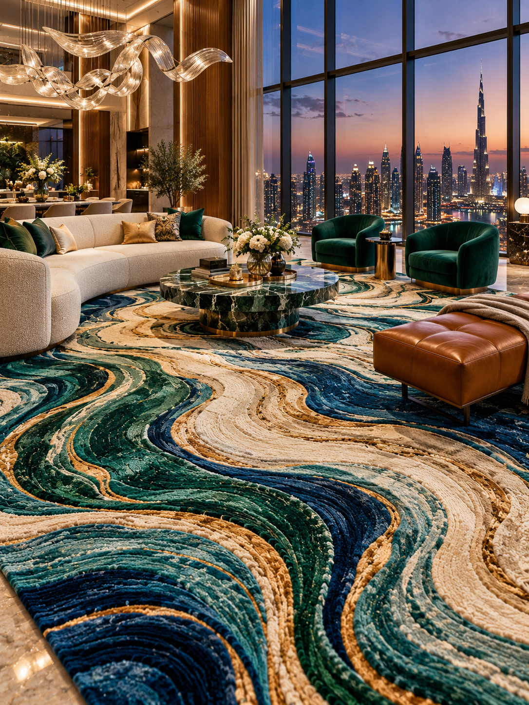 Contemporary living room with a red patterned rug